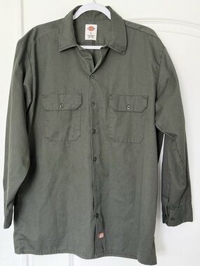 Dickies Work Shirt Mens Large Olive Green Button Up Workwear Utility